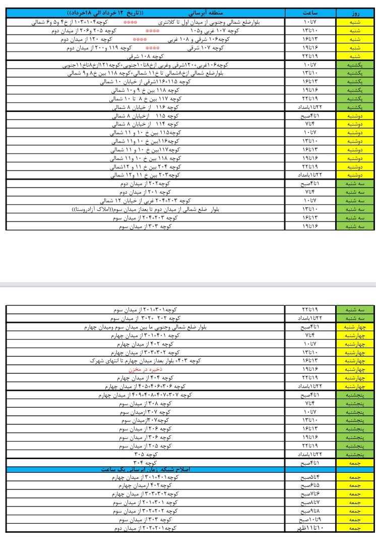 برنامه آبرسانی شهرک زعفرانیه 12 تا 18 خرداد 1403