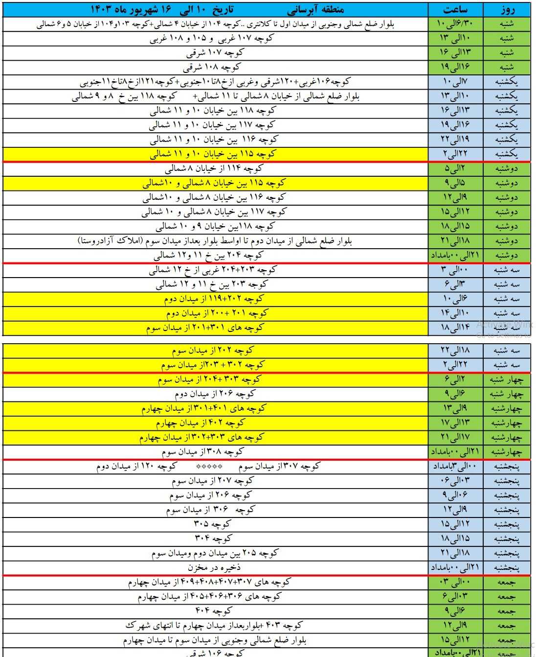 برنامه آبرسانی شهرک زعفرانیه 10 تا 16 شهریور 1403